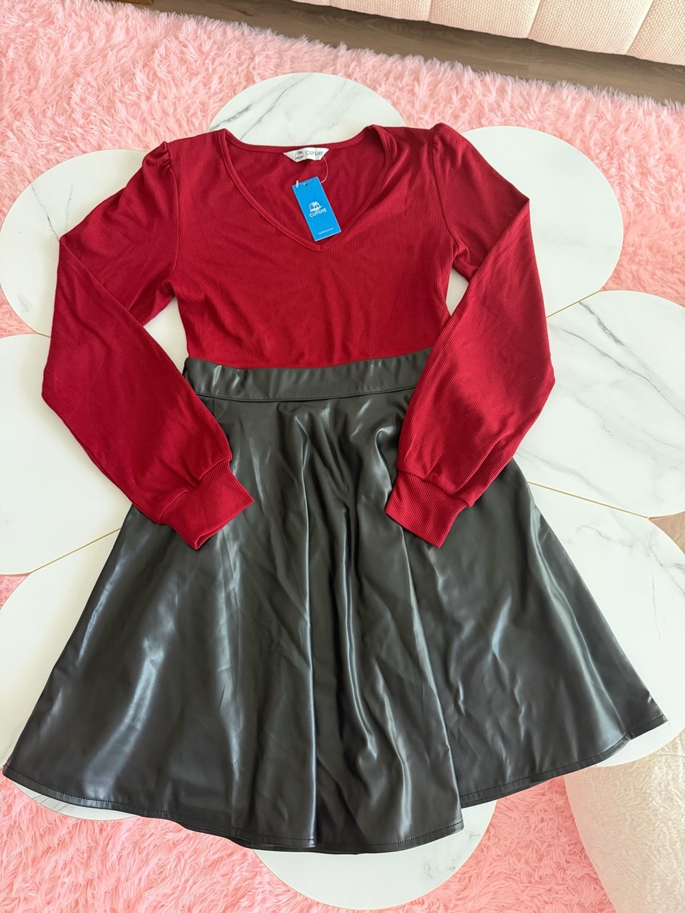 Cupshe Red V-Neck Long Sleeve Dress with‎ Black Faux Leather Skirt